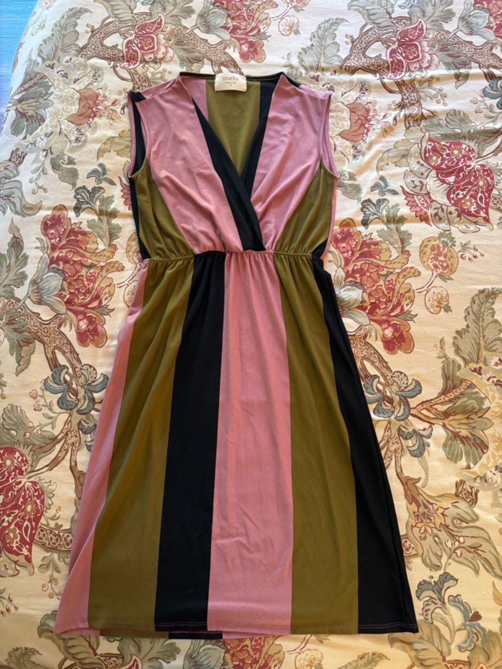 Sleeveless V-Neck Stripe Midi Dress in Olive, Pink & Black